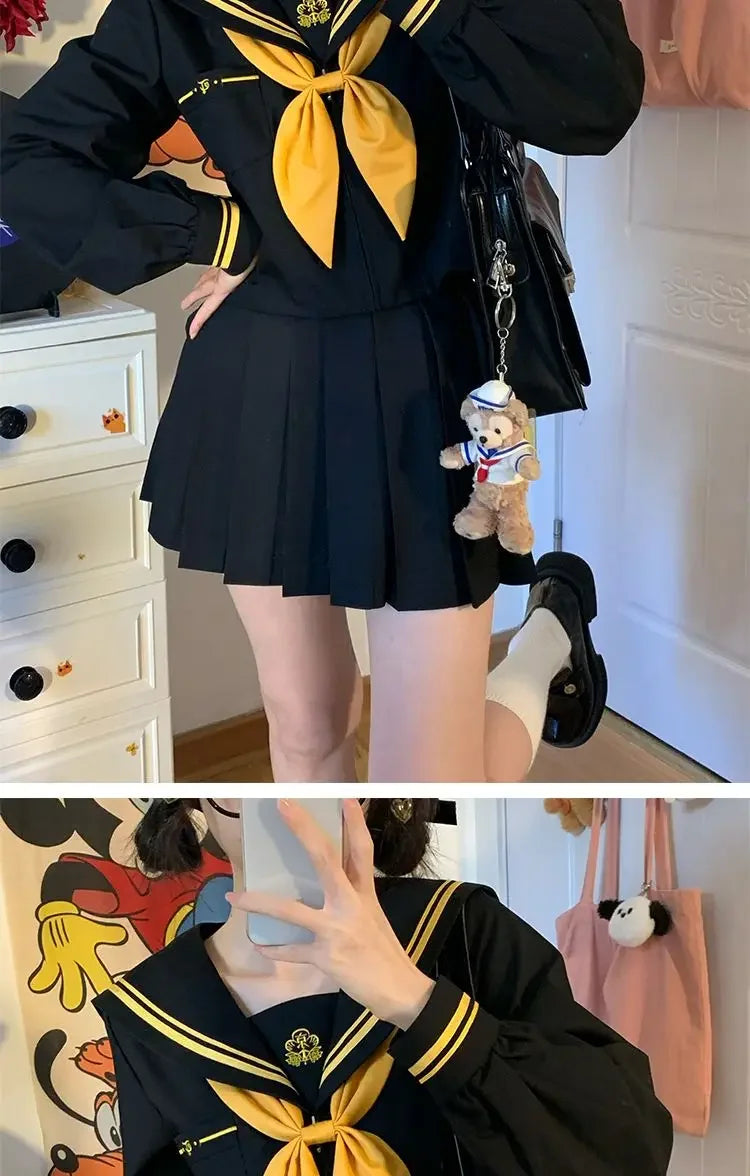 Japanese School Uniform Girls Plus Size Jk Suit Role Play High School Yellow Tie Black Basic Sailor Suit Female Long Sleeve Suit