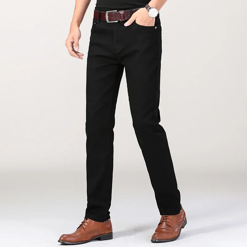 Men's Jeans Pure White Fashion Elastic Slim Youth Slimming Straight Leg Male Pants Business Casual Middle Age High End Trousers