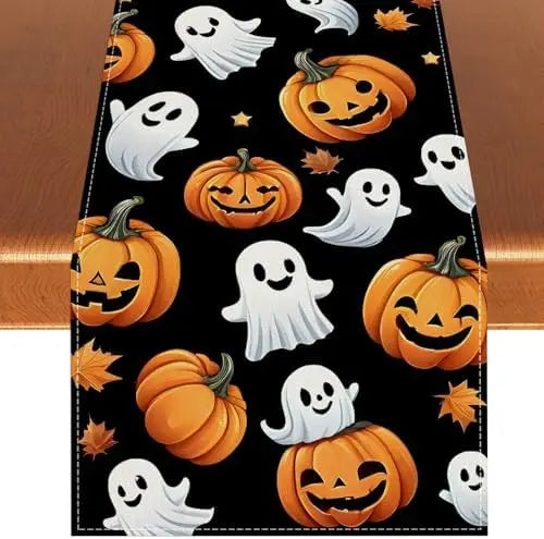 Halloween Polka Dot Ghost Pumpkin Cat Polyester Table Runners Party Decor Reusable Dining Table Runners Halloween Decoration