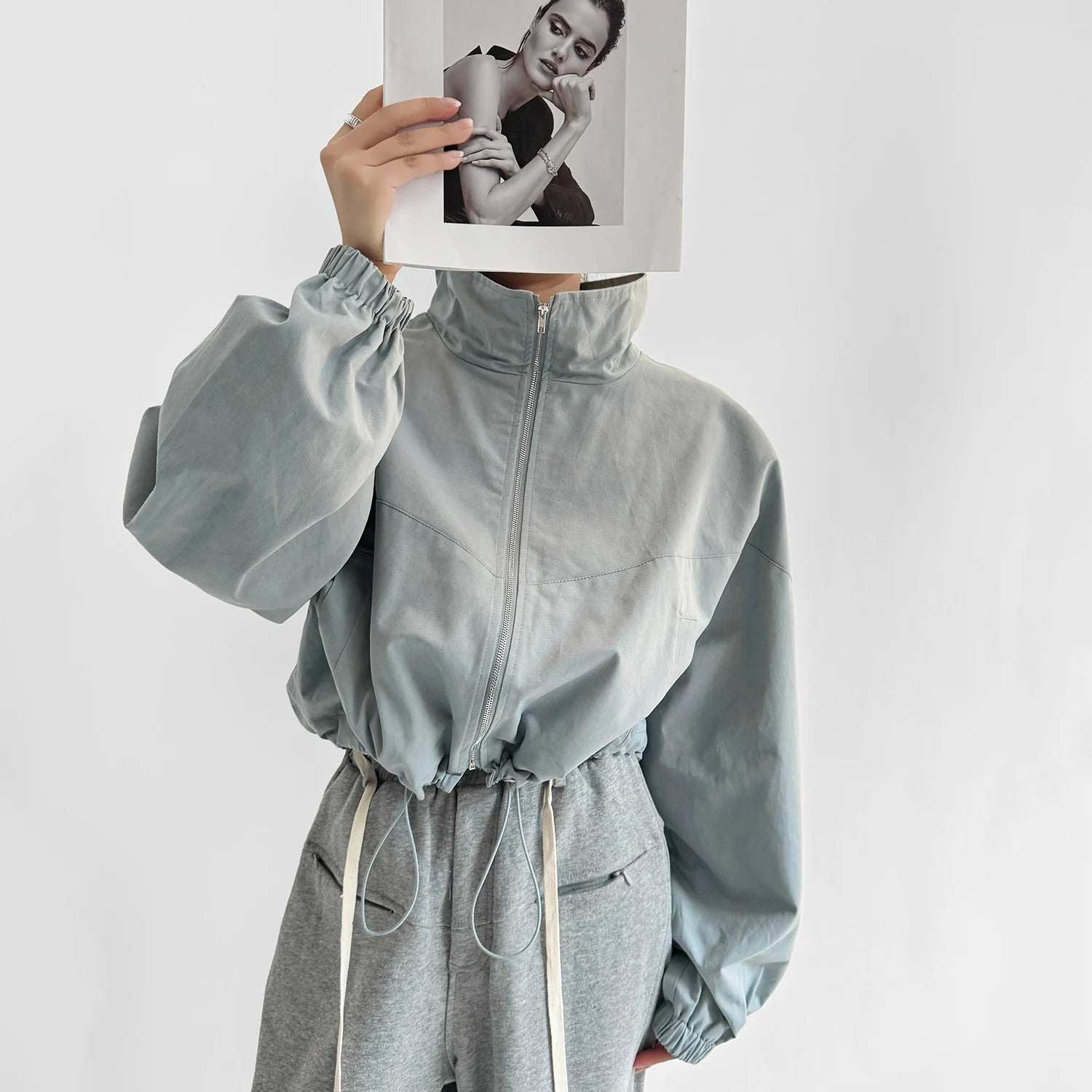 Women's Cropped Utility Jacket - Drop Shoulder Drawstring Hem Ribbed Cuffs Lightweight Cotton