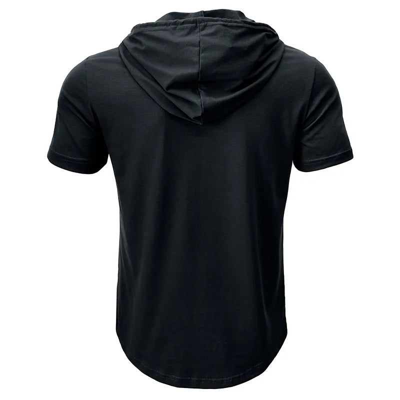 Men's Short-sleeved T-shirts for Sports and Fitness American-style Henley Shirt Hooded Top