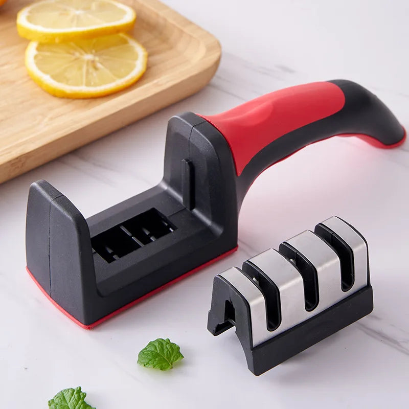 Kitchen 3-Segment Knife Sharpener Household Multi-Functional Hand-Held Three-Purpose Black Sharpening Stone.