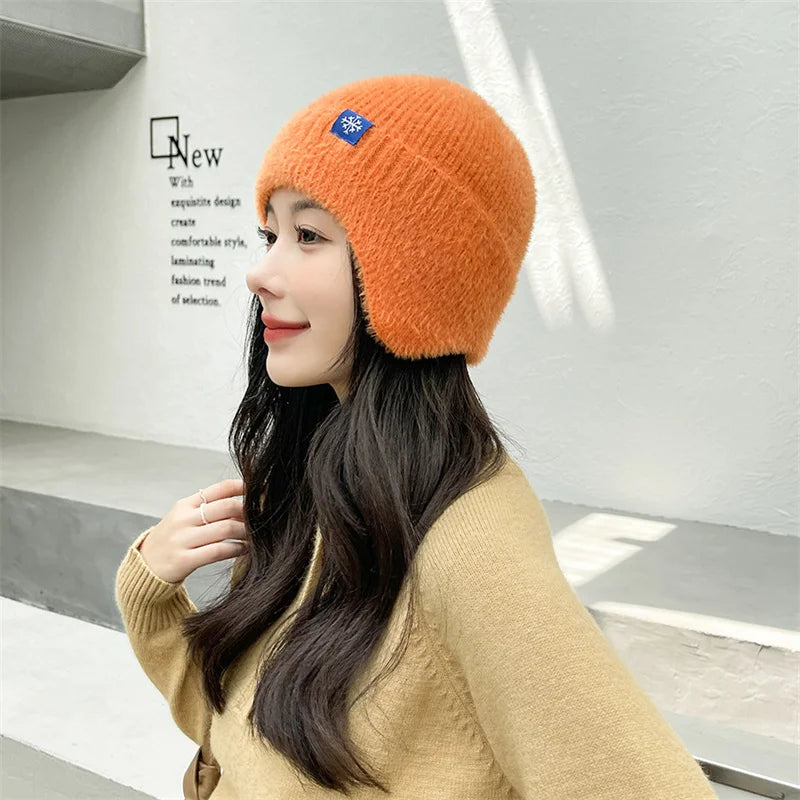 Winter Women Earflap caps Snowflake knitted hats Ear protection hats  Adult Ladies casual mohair beanie cap Gorros