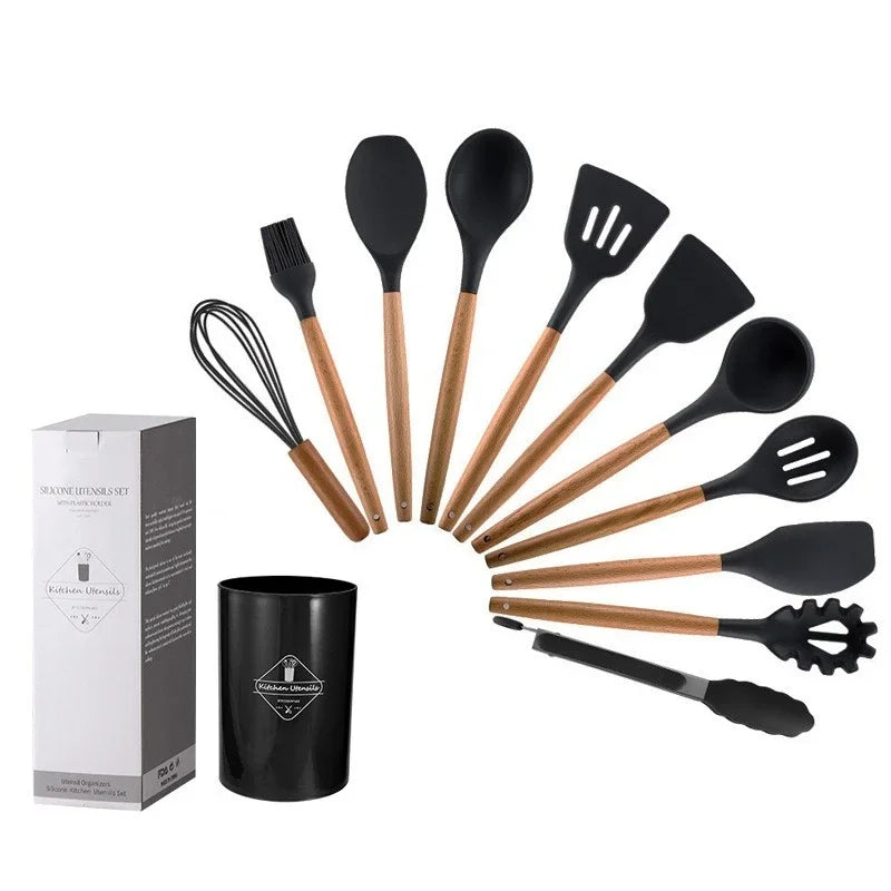 Kitchen utensil set with wooden handles, non-stick pans, food-grade cooking silicone storage set, baking and frying kitchen set