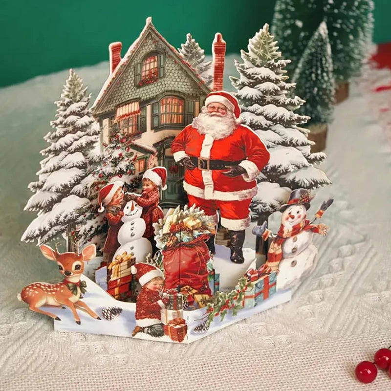 Christmas Scene 3D Christmas Card Night Before With Santa, Reindeer, Snowy Village & Moonlit Sky Festive Holiday Greeting Card F