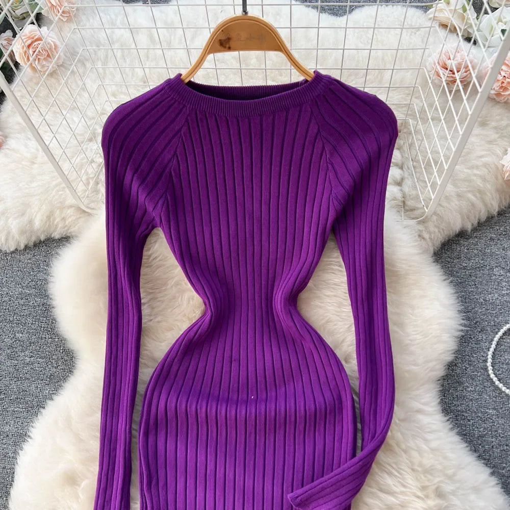 Women Knitted Dress O Neck Sexy Slim Elastic Oversized Basic Bodycon Long Dress Winter knit Warm Sweater Dresses