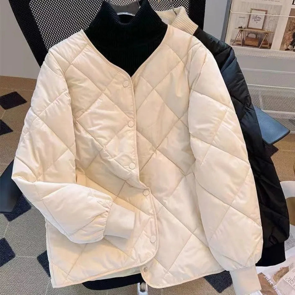 New in Winter Cotton-Padded Jacket for Women New Versatile Lightweight Rhombus Plaid Cotton-Padded Jacket Simple and Stylish