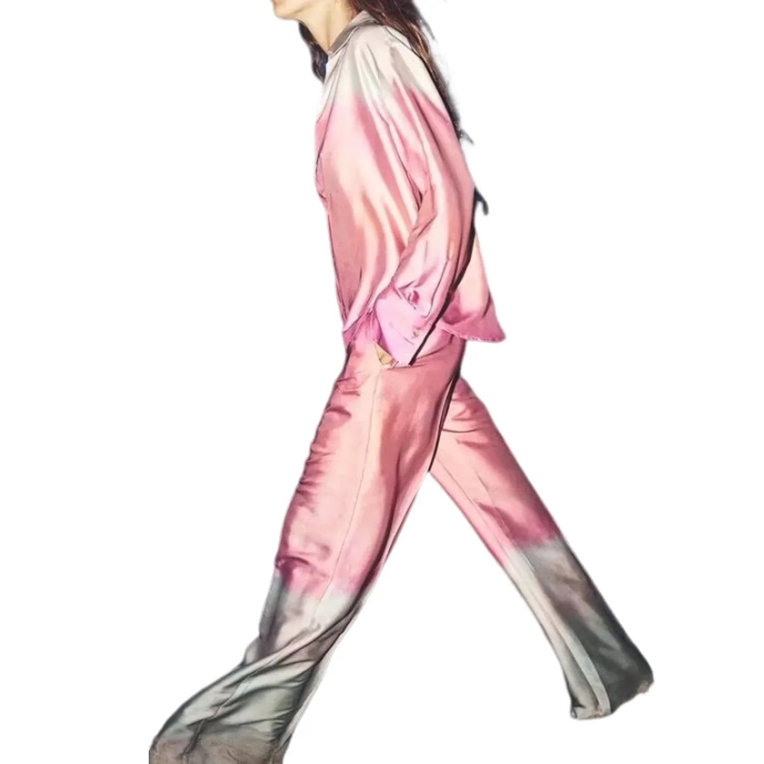 Women's Autumn Suit Tie Dye Turn-Down Collar Single Breasted Blouse+High Waist Gradient Zipper Casual Streetwear Wide Leg Pant