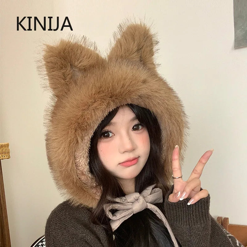 Winter Hat Thicken Ski Beanie Hat for Women Balaclava Spicy Girl Style Cat Girlfriend Hat Outdoor  Warm Protection Accessories