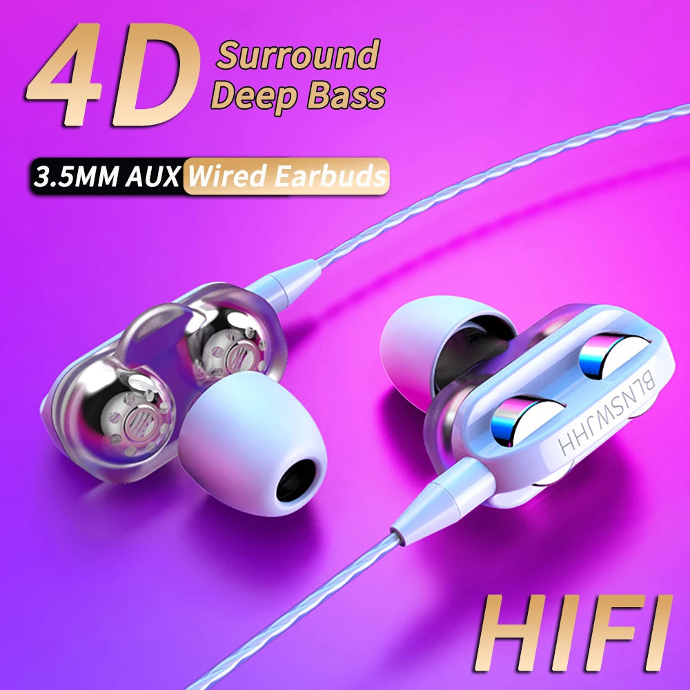 3.5mm Wired Headphones Noise Canceling In-Ear Sports Earphone Dual Driver Bass Stereo Gaming Headset HiFi Music Earbuds With Mic