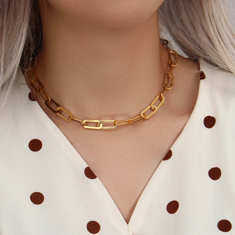 E.B.belle Chunky Paper Clip Chain Necklace Bracelet Jewerly Set Ladies New 18K Gold Plated Stainless Steel Chain Necklace