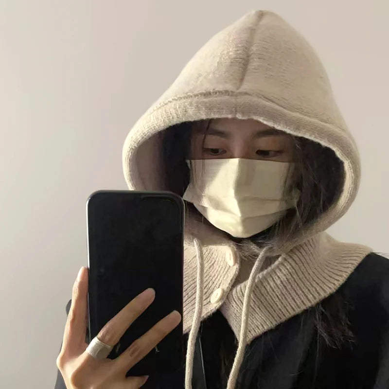 Fashion Winter Hats Scarf Set Wool Knitted Hooded Caps Balaclava Neck Warmer Scarf Shawl Gothic Pullover Hat Beanies Bonnet