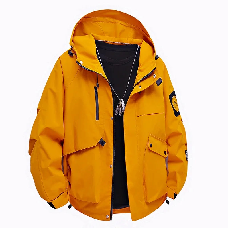 Men's workwear down jacket, American color-blocked hooded jacket for autumn and winter, cool and casual coat for teenagers