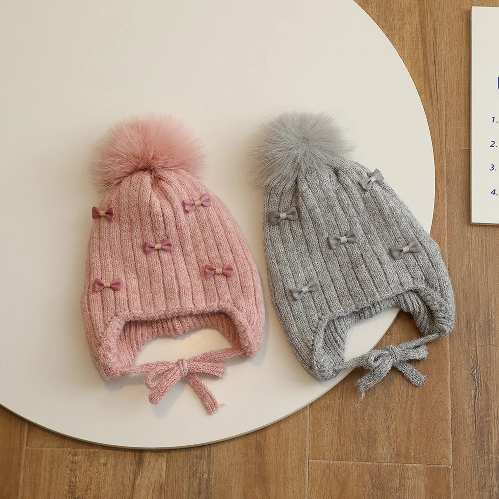 Winter Baby Girls Hat Double-Layer Cute Bows Knitted Hats Ear Protection Warm Beanie Big Pompom Kids Accessories 2-6 Years Old