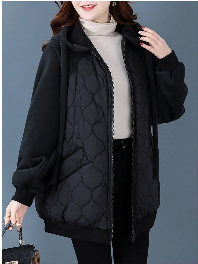 Autumn/Winter Jacket Women Hooded Splice Down Cotton Coat 2023 European Station Large Size Loose Cotton Jacket Female Outerwear
