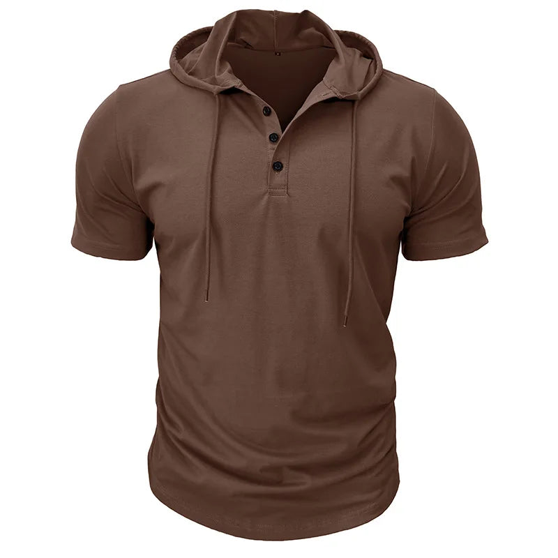 Men's Short-sleeved T-shirts for Sports and Fitness American-style Henley Shirt Hooded Top