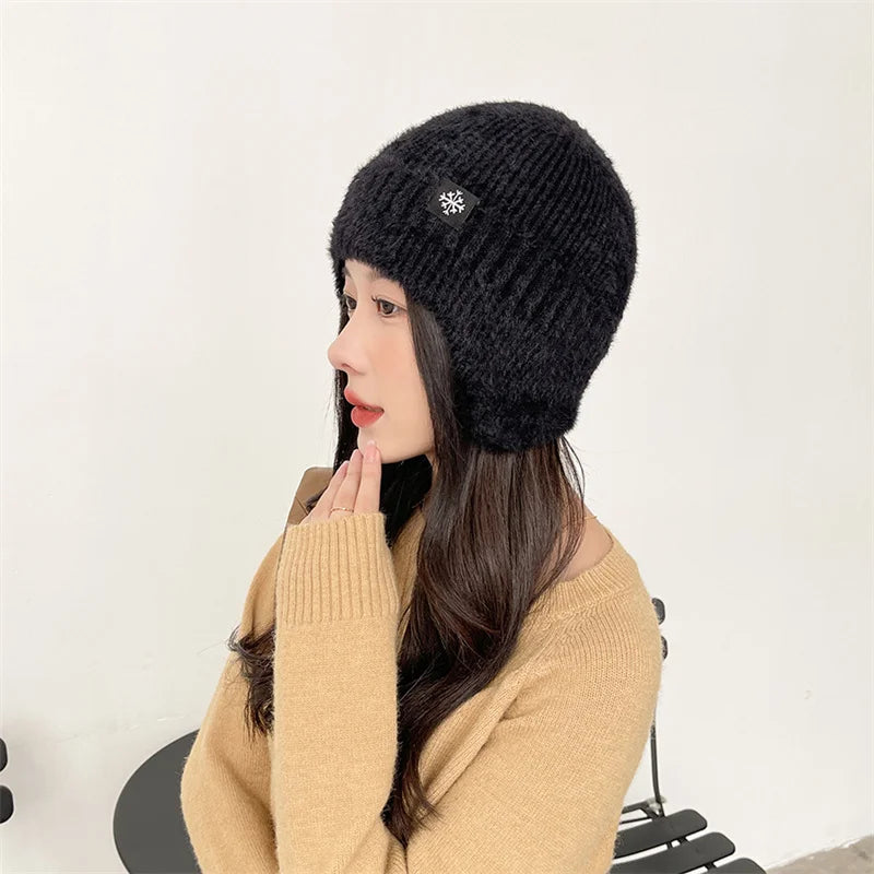 Winter Women Earflap caps Snowflake knitted hats Ear protection hats  Adult Ladies casual mohair beanie cap Gorros