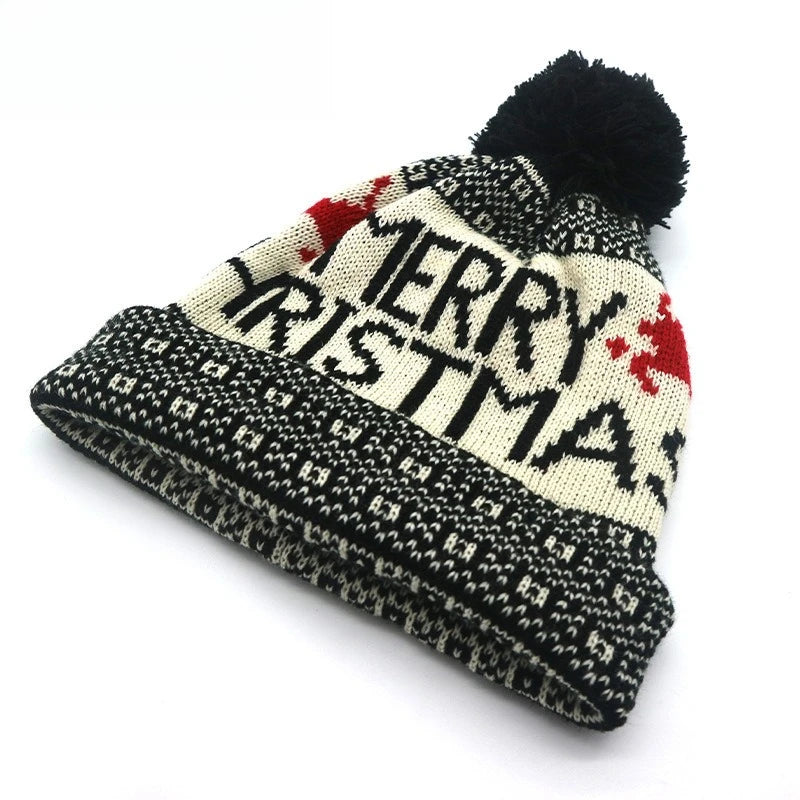 Winter Fashion Christmas Hat Santa Claus Hairball Hat Jacquard Knitted Christmas Hat Warm Ear Protector Wool Hat