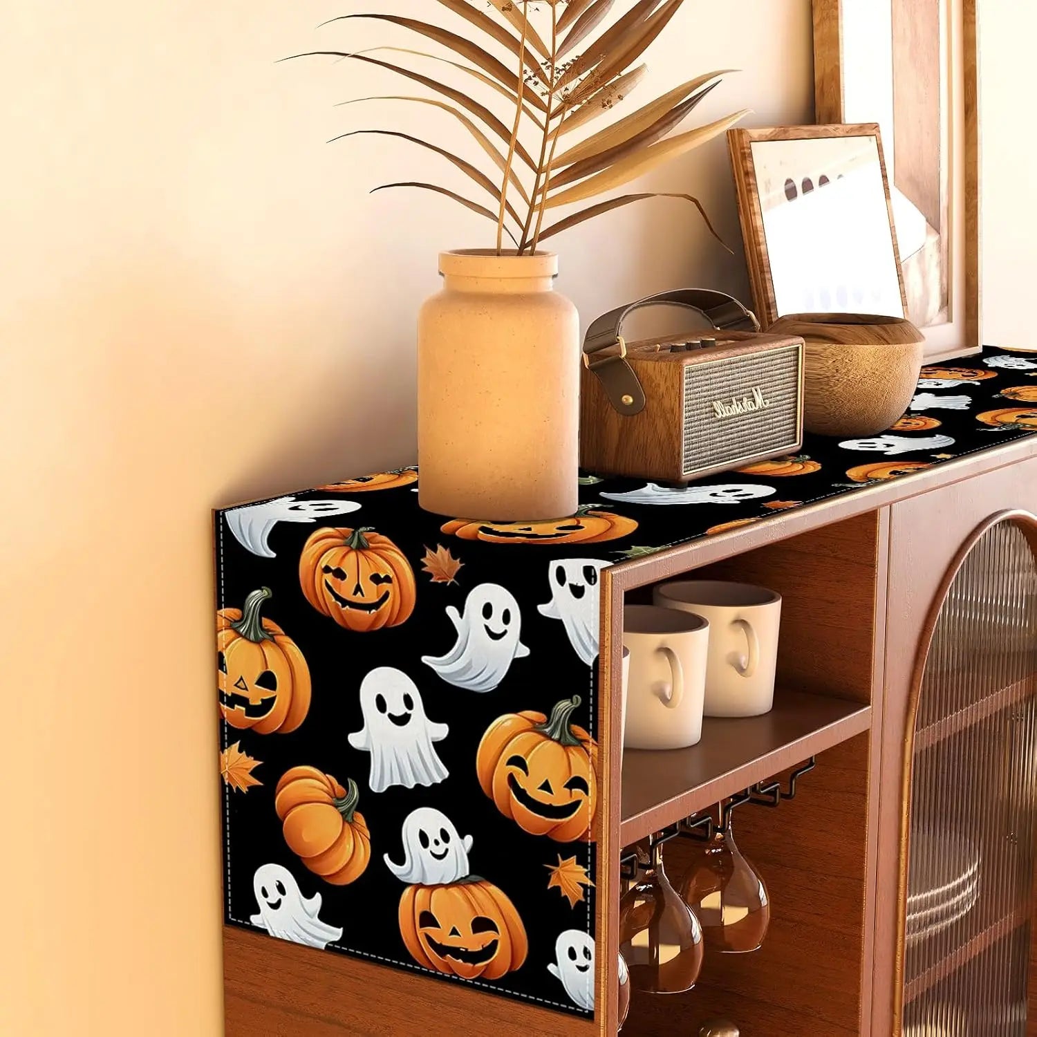 Halloween Polka Dot Ghost Pumpkin Cat Polyester Table Runners Party Decor Reusable Dining Table Runners Halloween Decoration