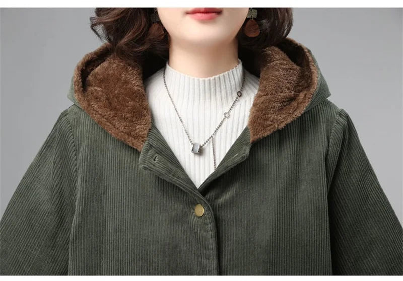 Women Corduroy Jackets 2025 New Autumn Winter Solid Loose Coat Female Casual Middle-Aged Plus Velvet Warm Hooded Ladies Overcoat