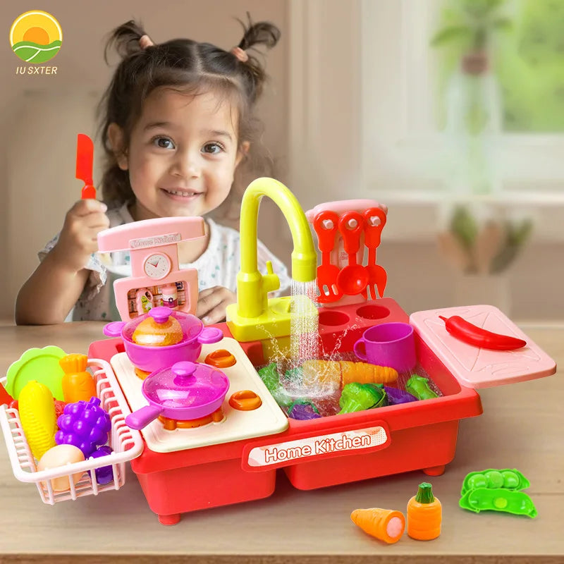 Children Toy Sink Electric Kid Dishwasher Water with Vegetable Fruit Food Cooking Pretend Play Toy Kitchen Role Play 3 Year Gift