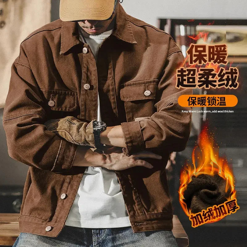 High end work jacket, men's spring and autumn trendy brand, loose American retro lapel jacket, casual and handsome denim jacket