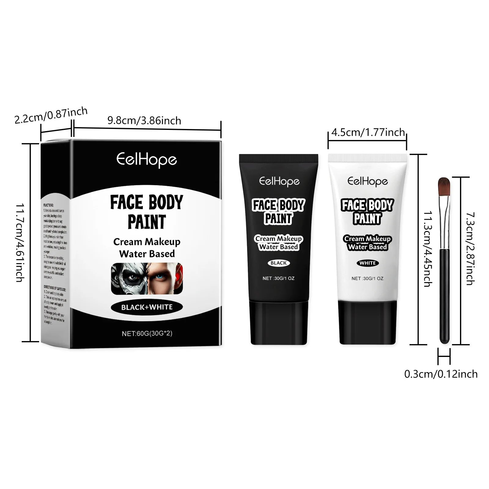 Halloween Face Painting Kit Highly Pigmented Face Body Brus Paint Black and White for DIY Cosplay Theme Parties Body Makeup