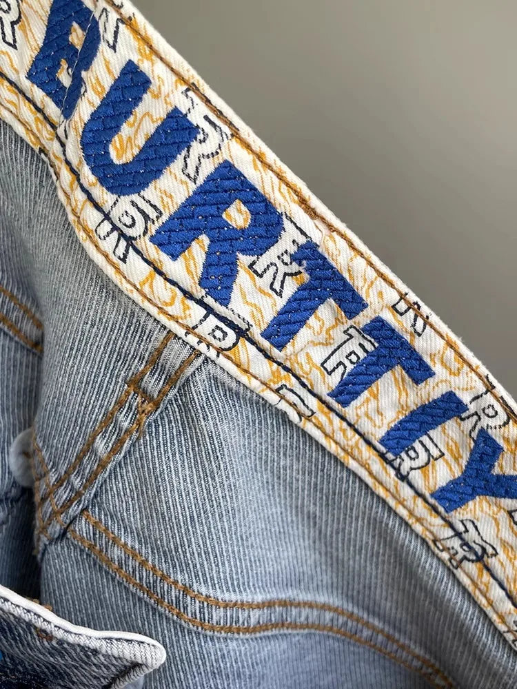 Light Blue Embroidered Jeans Men's Summer Slim Fit Nine-Piece Waed Casual Pants Breathable Straight Leg Jeans Youth Trend