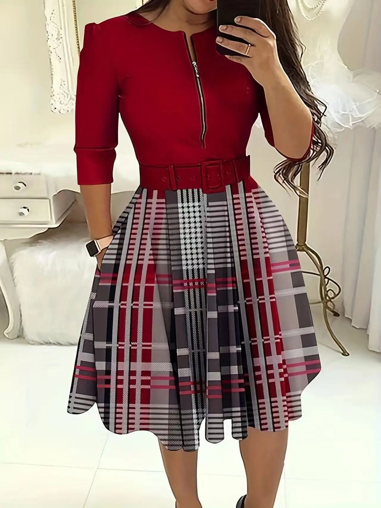 Dress for Women Streetwear 2023 Autumn and Winter Elegant Waist Wrapped Mid Long Sleeve Solid V-Neck Fashion Dresses with Belt