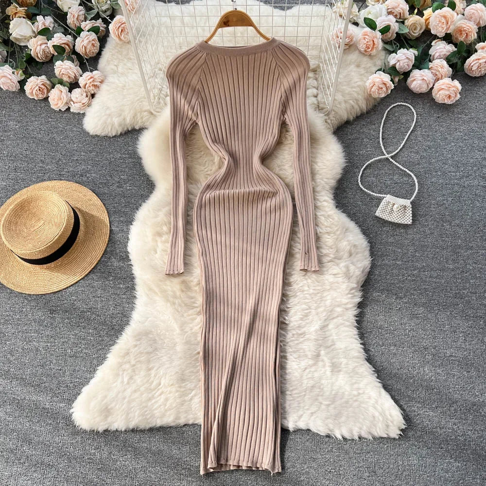 Women Knitted Dress O Neck Sexy Slim Elastic Oversized Basic Bodycon Long Dress Winter knit Warm Sweater Dresses
