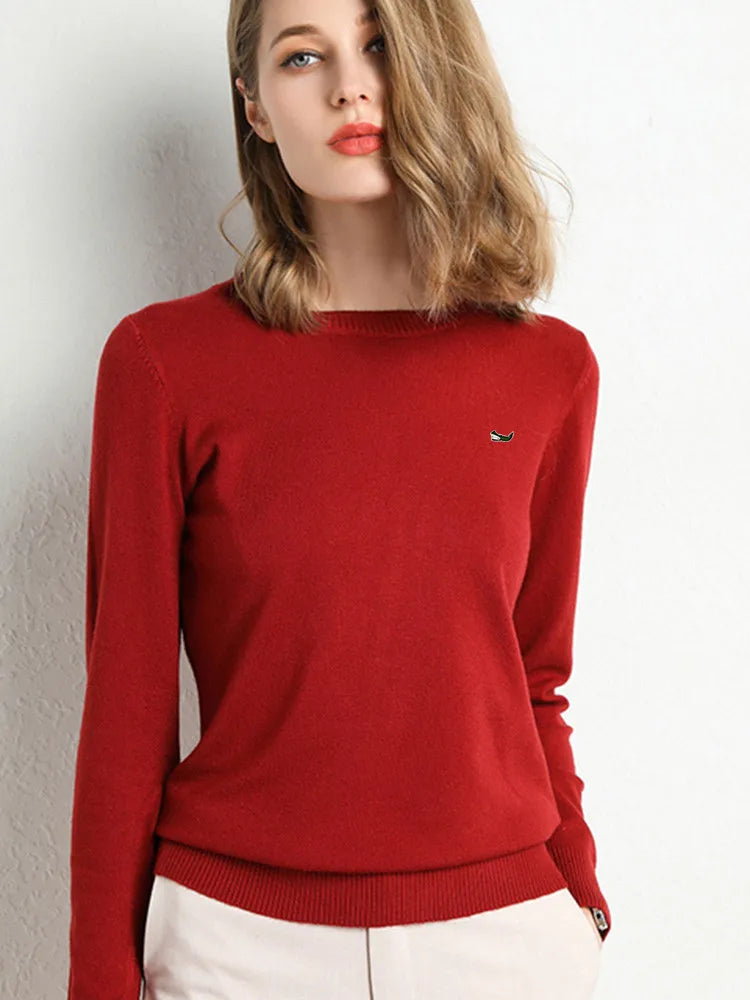 Women Autumn Winter Clothes  Neck Wool Sweater Long-sleeved Knitted Pullovers Shirt Embroidered Fish Logo Casual Sweater Tops