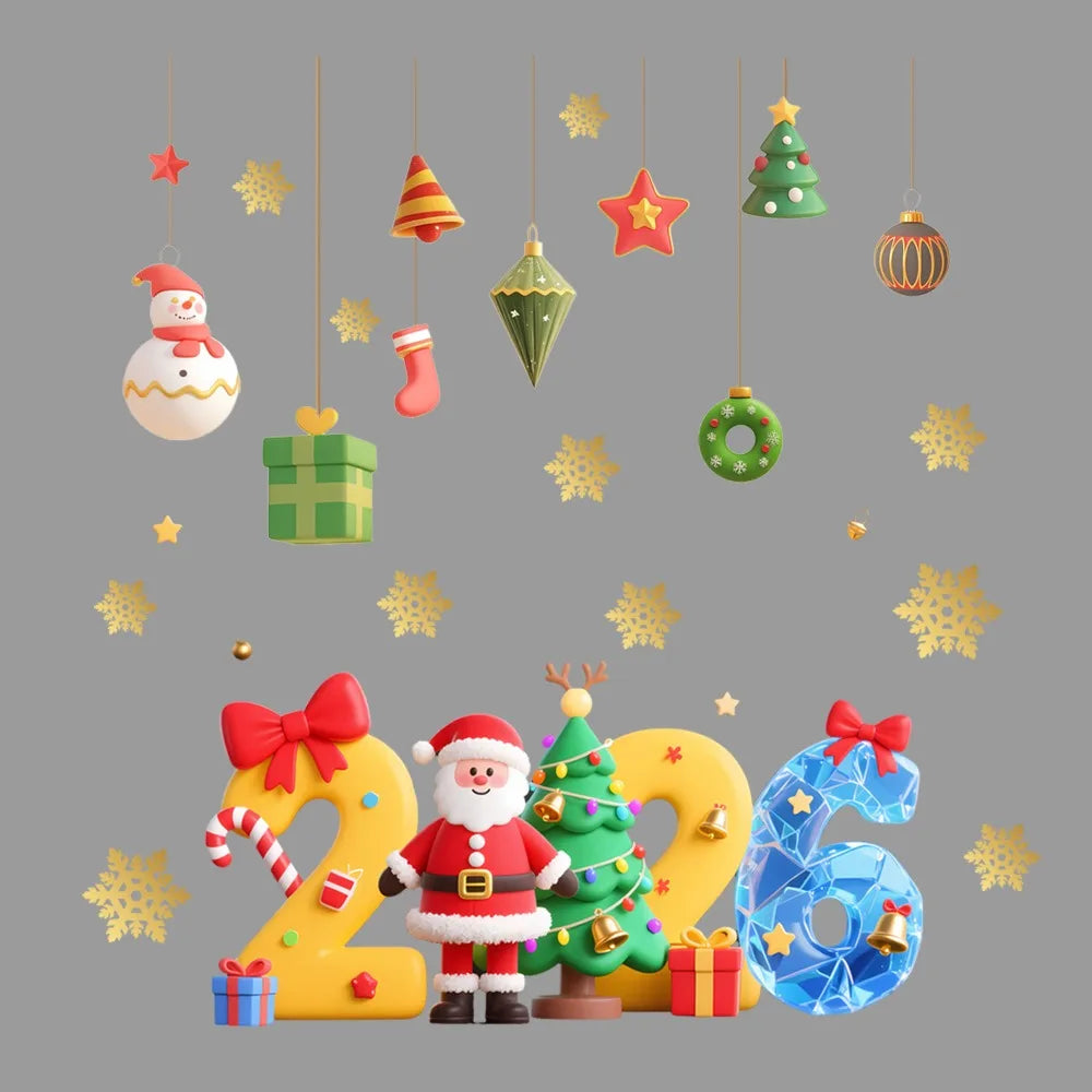 Christmas Glass Stickers Wooden House Pine Nut Sticker Glass Wall Decor Merry Christmas 2025 Stickers Happy New Year 2026