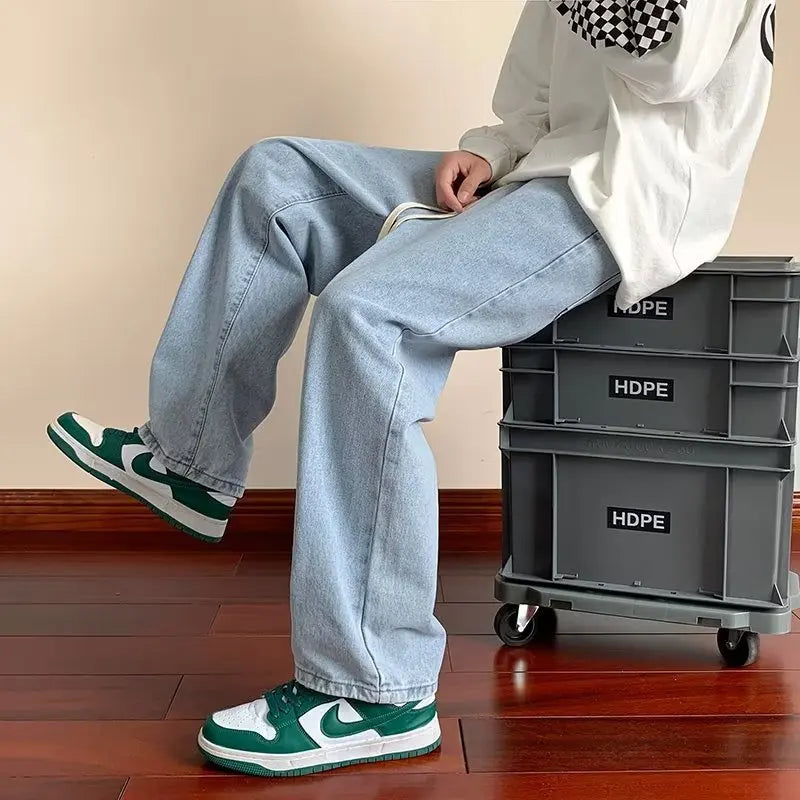 Black and Gray Jeans Men's Summer Loose Straight Trousers Trendy Brand High Street Vibe Pants Men