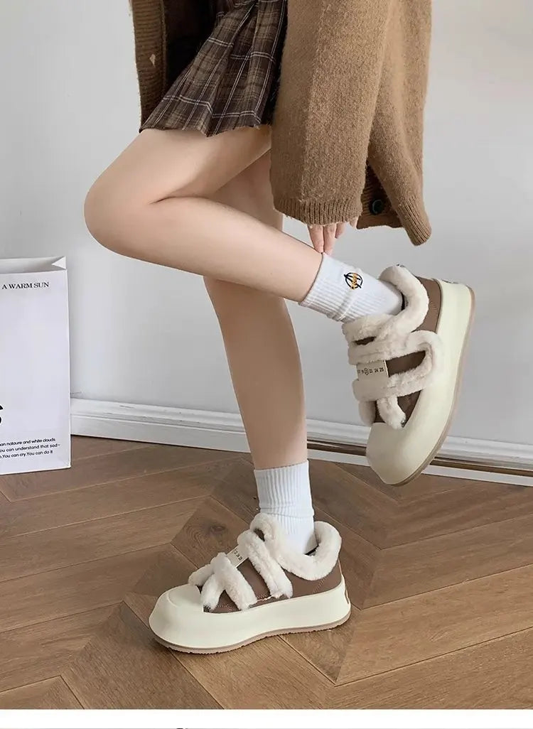 Shoes Woman 2025 Casual Female Sneakers Clogs Platform Autumn Shallow Mouth Round Toe British Style Loafers Fur New Creepers Fal