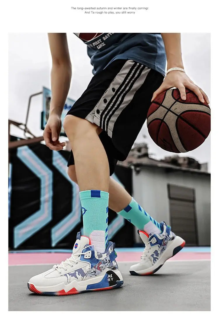 Couple Basketball Shoes Men High Top Sports Wear Resistant Air Cushioning Shoes Athletic Boots Comfortable Breathable Sneakers