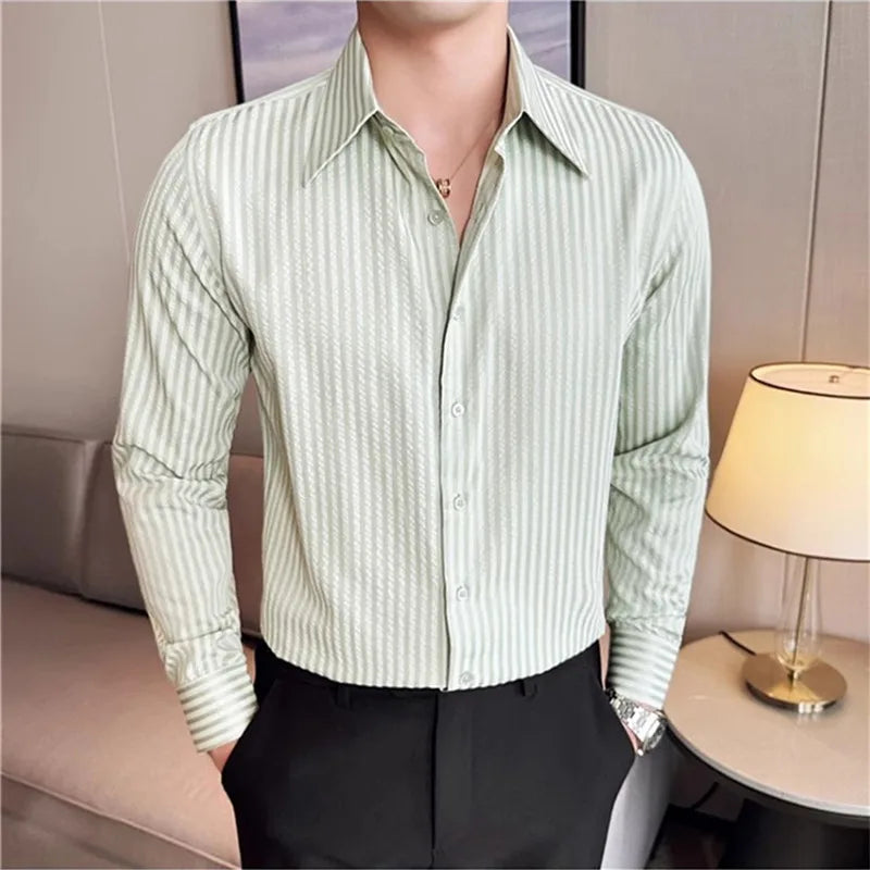 High Quality Men's Shirts Long Sleeve Striped Smart Casual Shirts Men Fashion Turn Down Collar Slim Fit Formal Office Shirt Tops
