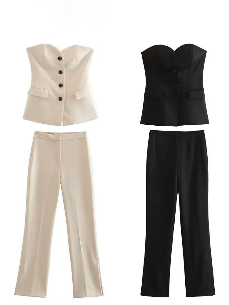 HH Women Elegant Solid Pant Suit Front Button Strapless Sexy Tank Tops + Side Slit Trouser Female Fashion Streetwear Sets