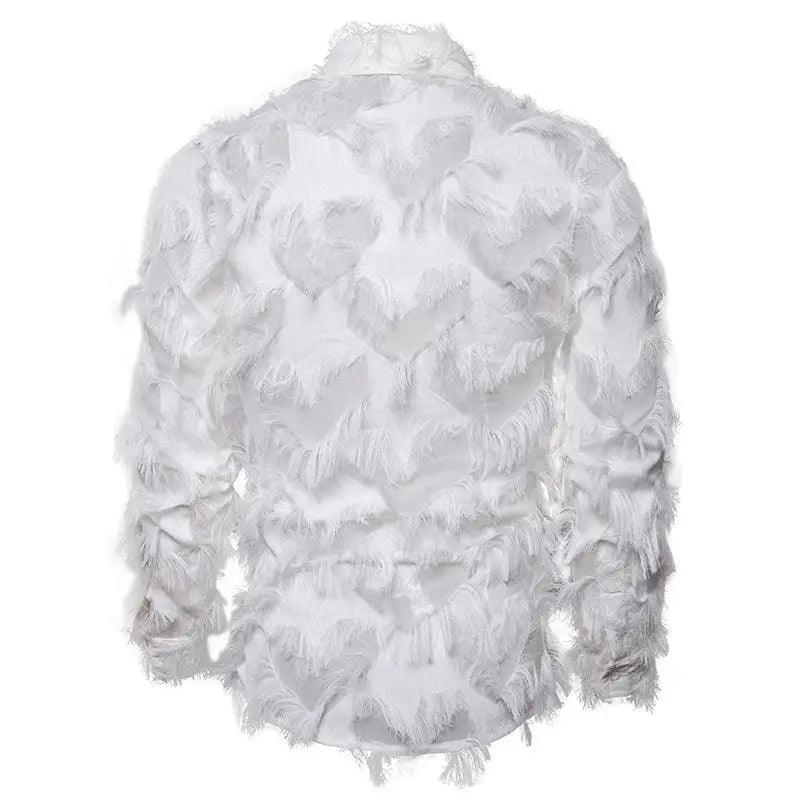 Shirts Men Party Feather Shirt Turn Down Collar Full Sleeve Single Breasted Splice Regular Solid Prom Tops Spring Summer