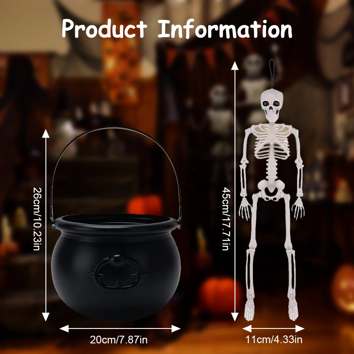 Halloween decorations - Witch's cauldron, Skull skeleton, Indoor family gathering decoration set, Candy bucket, Plant container