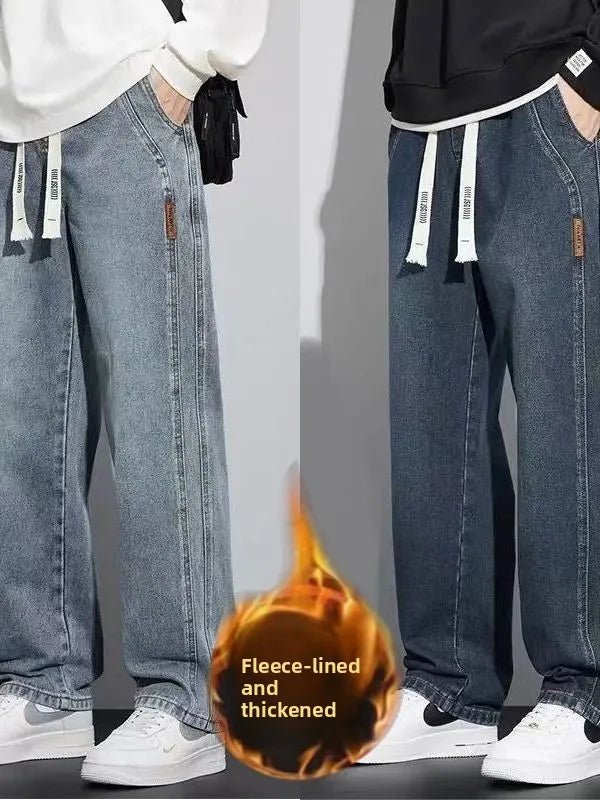 Retro American Wide Leg Men's Jeans Thiened Fce Lined Loose Fit Autumn Winter Wear Resistant Long Trousers Casual Cotton...
