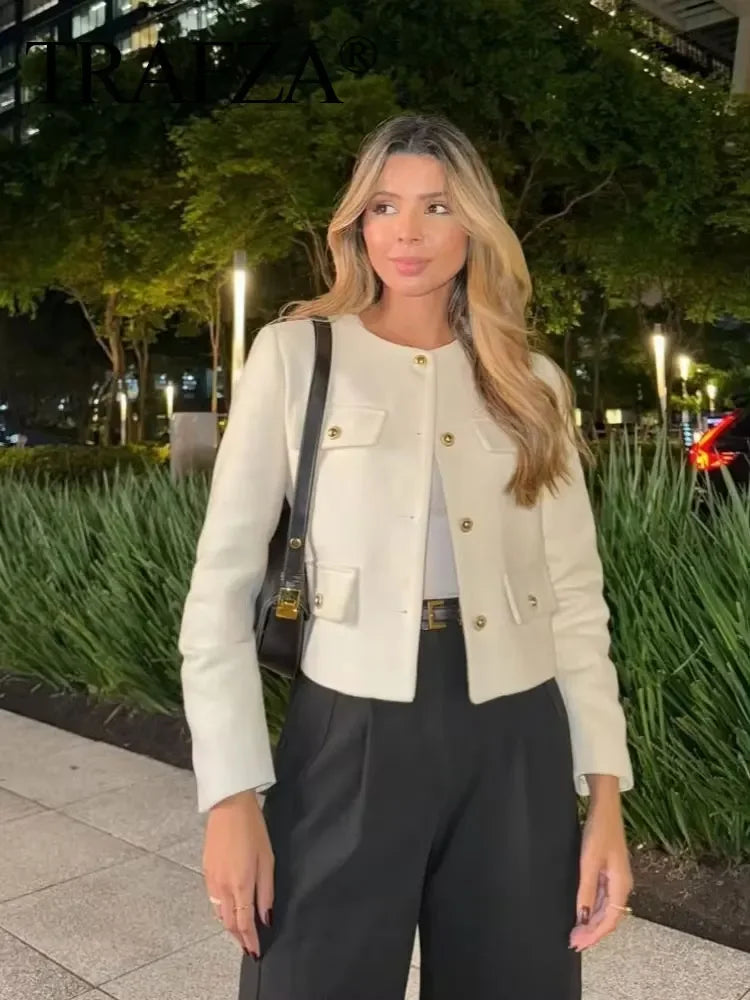 Women Elegant Cropped Jacket 2025 Women's Fashion Jacket O-Neck Long Sleeved Flip Pocket Coat Female Casual Outwear Tops