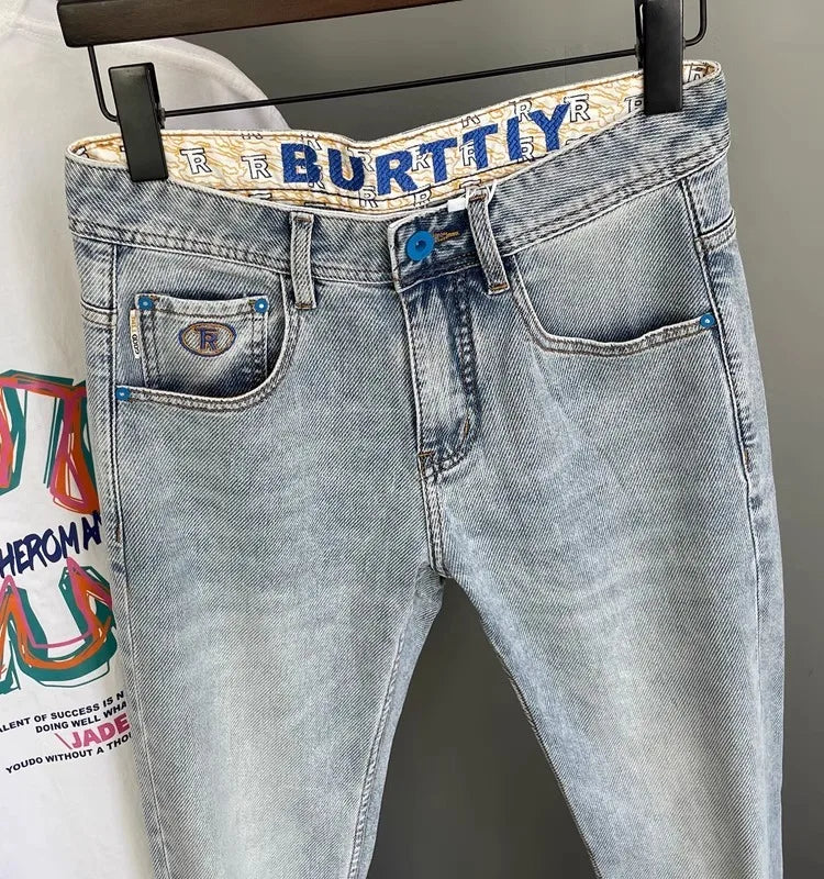 Light Blue Embroidered Jeans Men's Summer Slim Fit Nine-Piece Waed Casual Pants Breathable Straight Leg Jeans Youth Trend