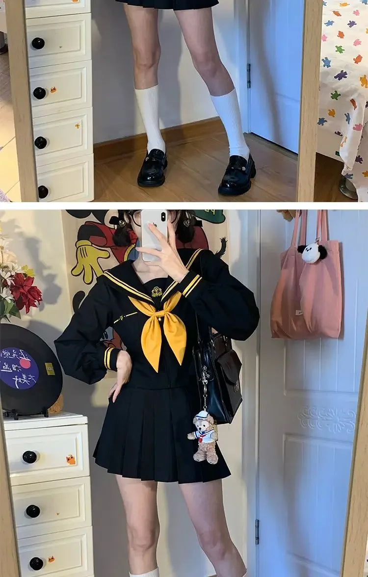 Japanese School Uniform Girls Plus Size Jk Suit Role Play High School Yellow Tie Black Basic Sailor Suit Female Long Sleeve Suit