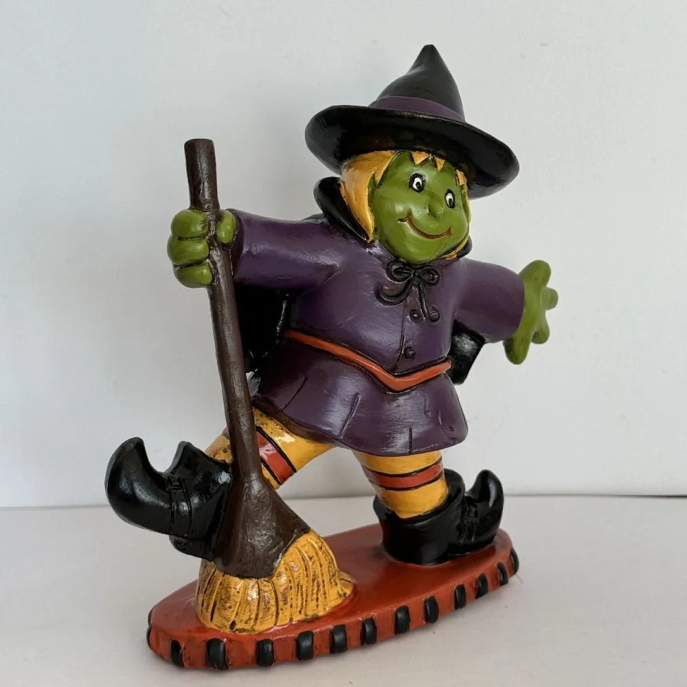 Halloween Themed Halloween Witch Figurine Resin Handicraft Desk Witch Sculpture Collectible Model Halloween Broom Witch Ornament