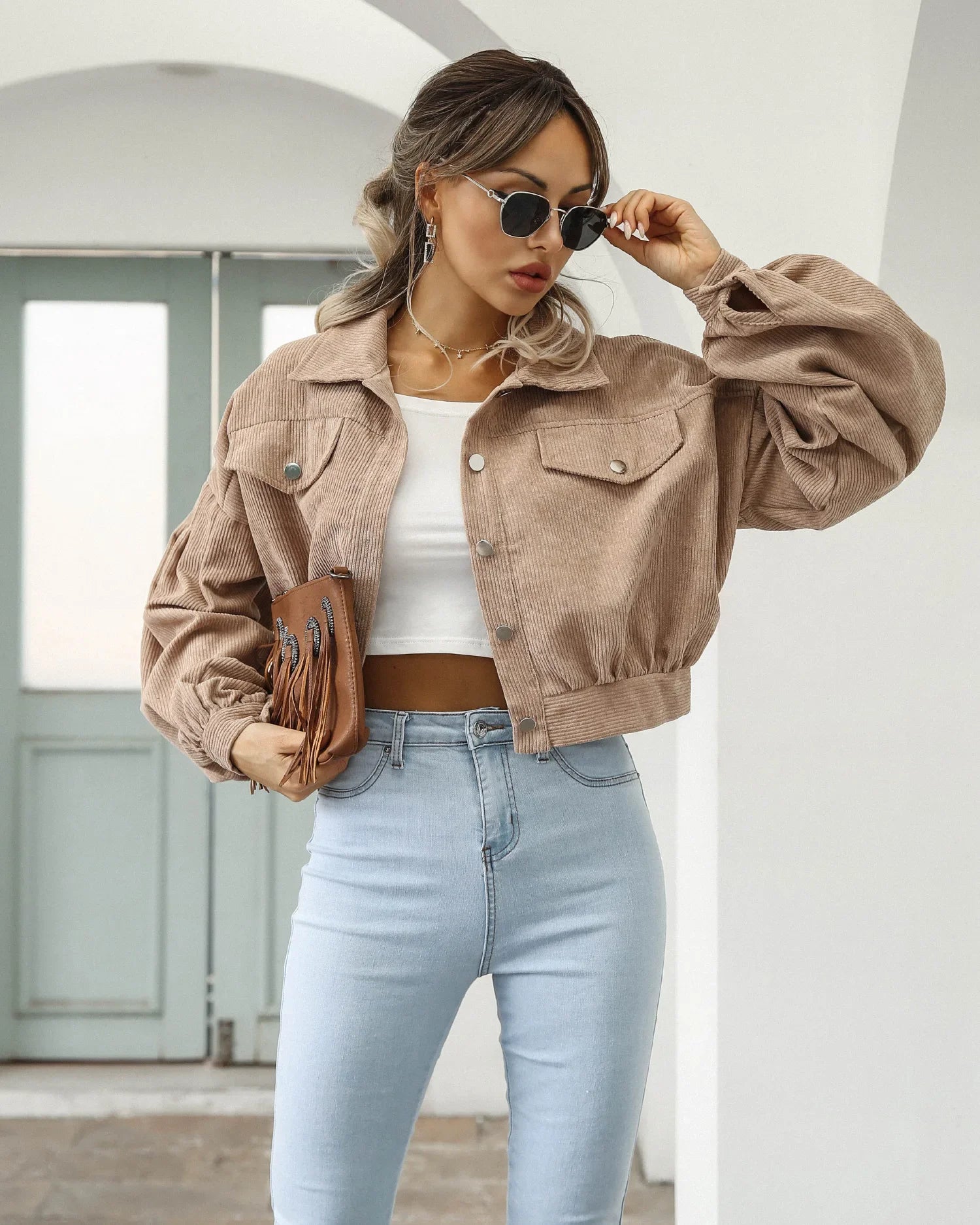 New Autumn Winter Jackets for Women Lantern Sleeve Tops Cropped Bomber Jacket Overcoat Outwear clothes Corduroy Coat 18047