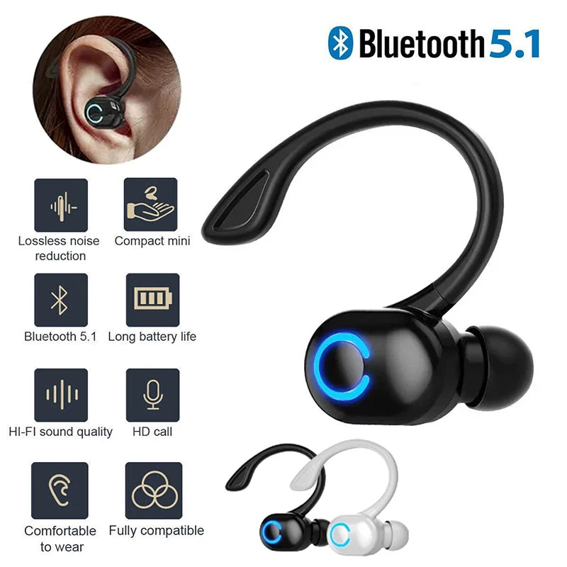 Bluetooth 5.1 Business Wireless Earphones Ear Hook HIFI Bass Noise Cancelling Headphone Sports Gaming Earbuds Headset With Mic