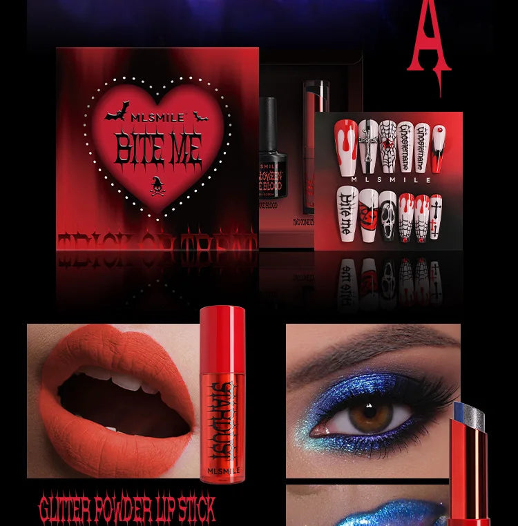 MLSMILE Halloween Makeup Set Eyeshadow Glitter Lip Glaze Fake Blood Wearing Armor 4pcs/set Festive Set Trick or Treat Cosmetics