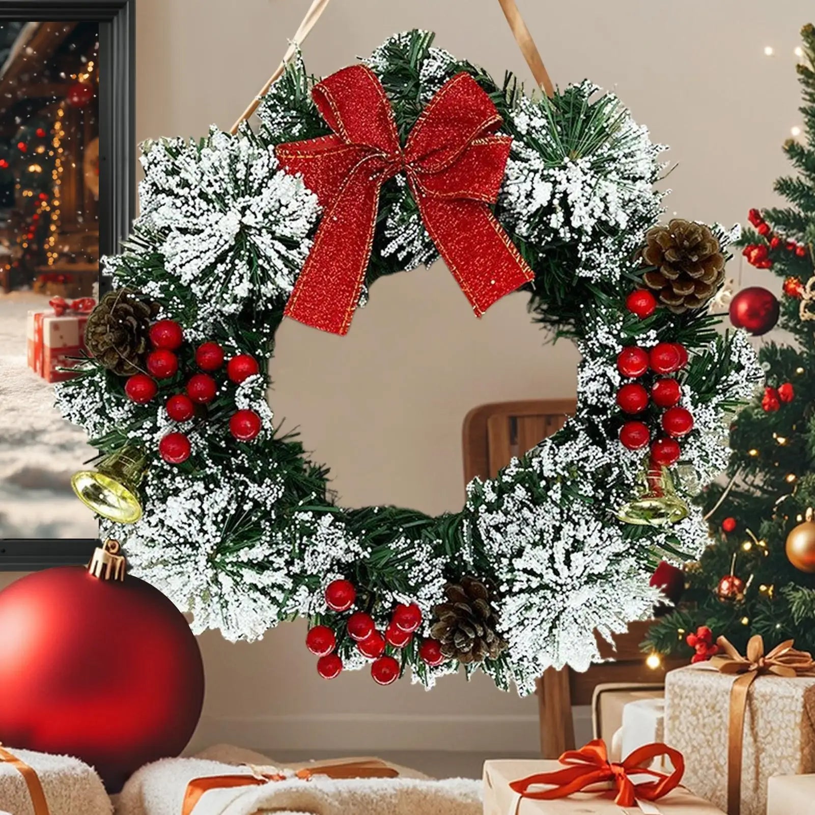 Christmas Wreath 30cm Holiday Decor with Berries Bow Bells Artificial Greenery Garland for Door Window Wall Christmas Decoration