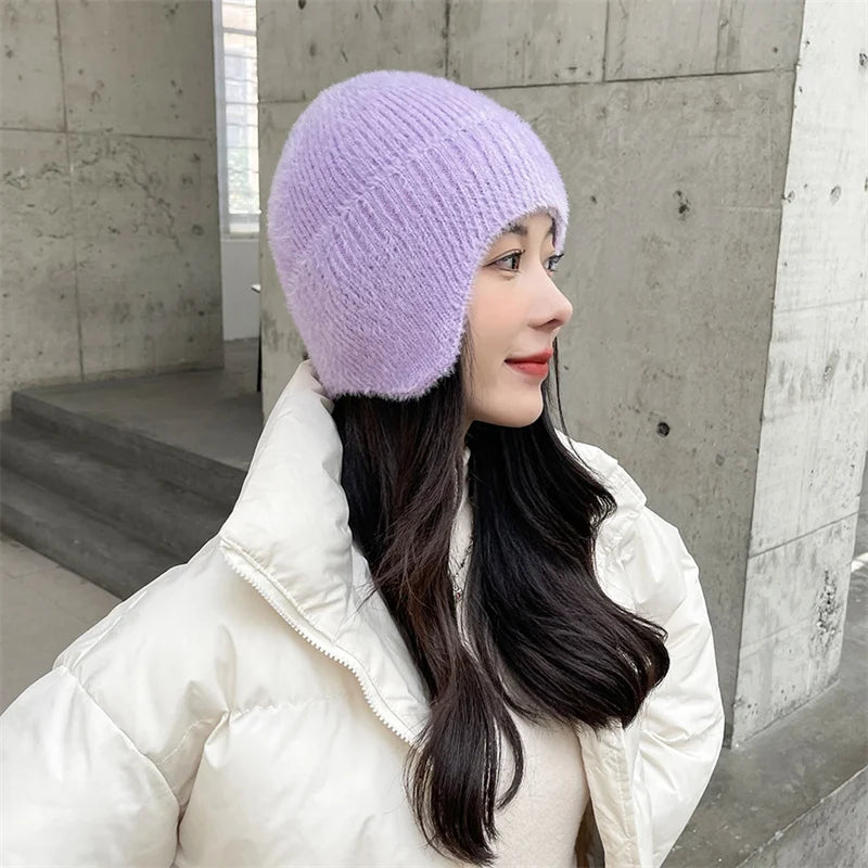 Winter Women Earflap caps Snowflake knitted hats Ear protection hats  Adult Ladies casual mohair beanie cap Gorros