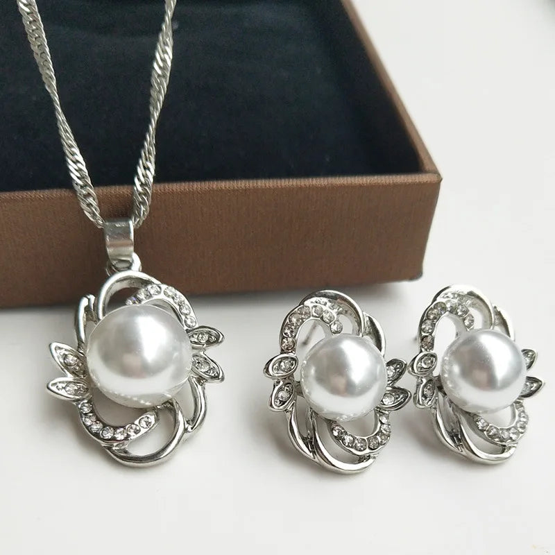 Gorgeous Women Fashion Pearl Necklace Earrings Romantic Bridal Jewelry Set Anniversary Birthday Wedding Valentine's Day Gifts
